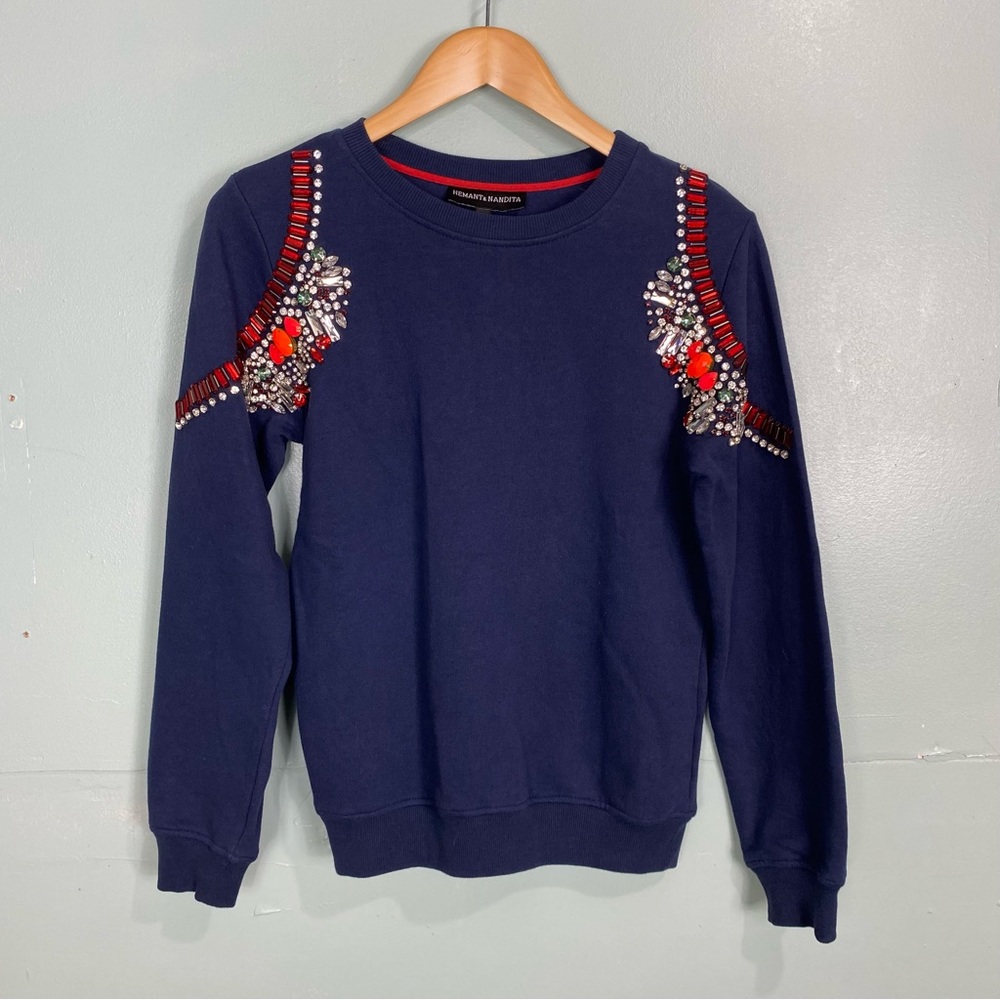Hemant & Nandita Embellished Crystal Sweatshirt Sz Small Navy
